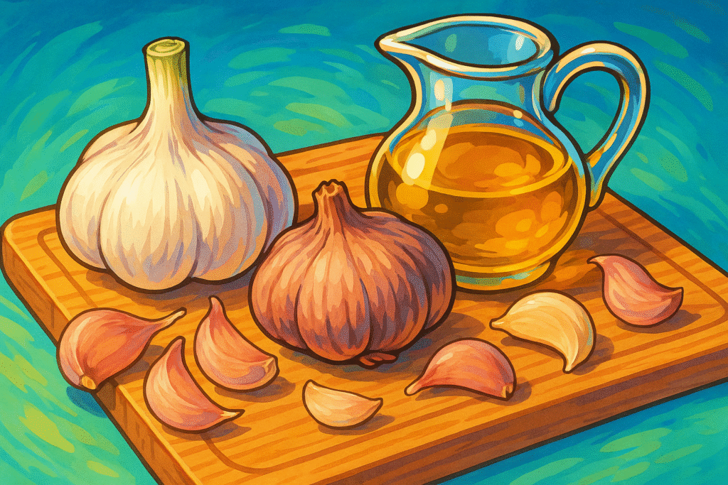 garlic cloves on a wooden chopping board with olive oil cartoon style