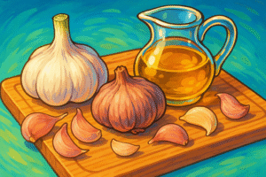 garlic cloves on a wooden chopping board with olive oil cartoon style
