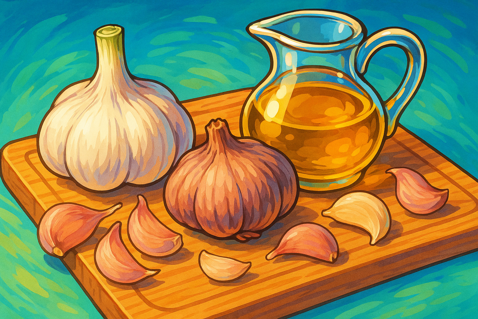 garlic cloves on a wooden chopping board with olive oil cartoon style