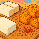 silken, firm and fried tofu cartoon style