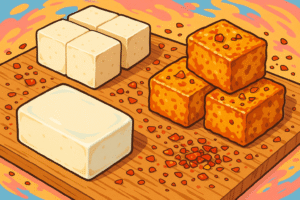 silken, firm and fried tofu cartoon style