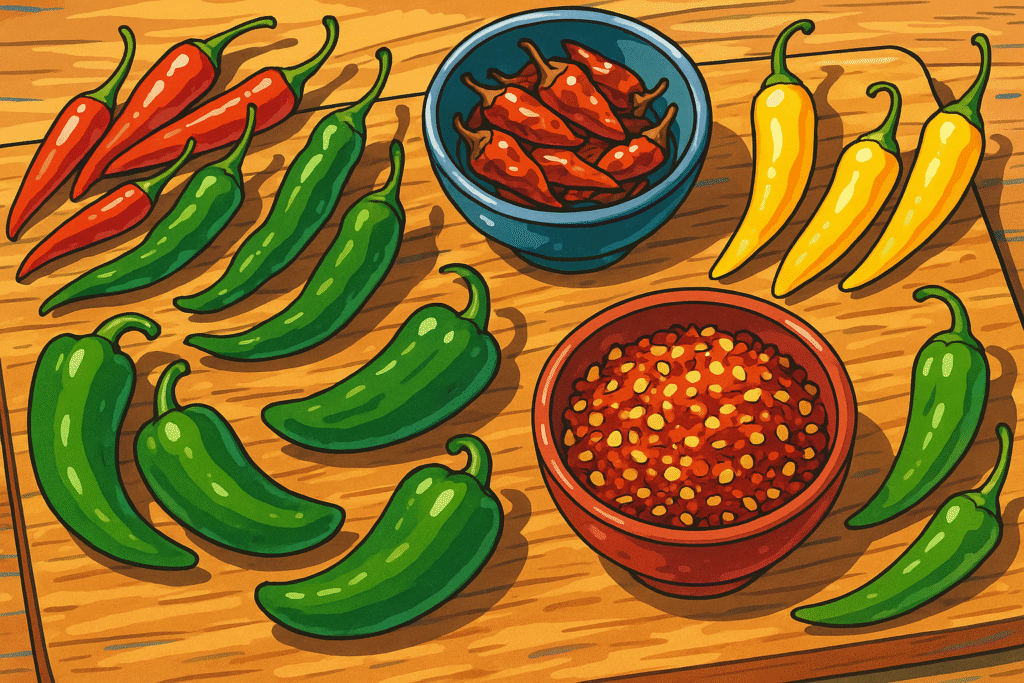 assorted chilli peppers, birds eye, aji amarillo, jalapeno, and dried crushed chillies