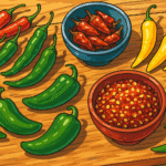 assorted chilli peppers, birds eye, aji amarillo, jalapeno, and dried crushed chillies