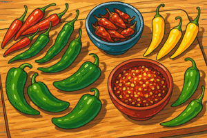 assorted chilli peppers, birds eye, aji amarillo, jalapeno, and dried crushed chillies