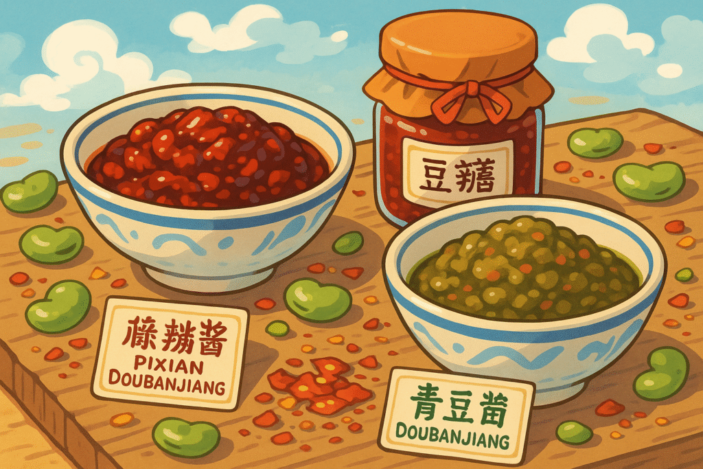 Doubanjiang in different types on a wooden board cartoon style