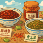 Doubanjiang in different types on a wooden board cartoon style