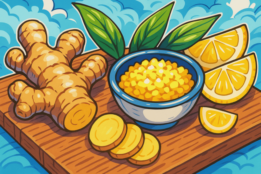 ginger root with a bowl of minced ginger and lemon wedges
