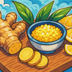 ginger root with a bowl of minced ginger and lemon wedges