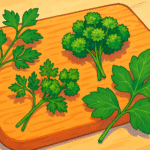 cartoon style parsley sprigs on a chopping board