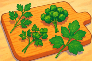 cartoon style parsley sprigs on a chopping board