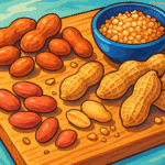 peanuts, raw roasted shelled and crushed on a chopping board cartoon style