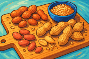 peanuts, raw roasted shelled and crushed on a chopping board cartoon style