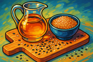 sesame oil in a cartoon style with black and white sesame seeds