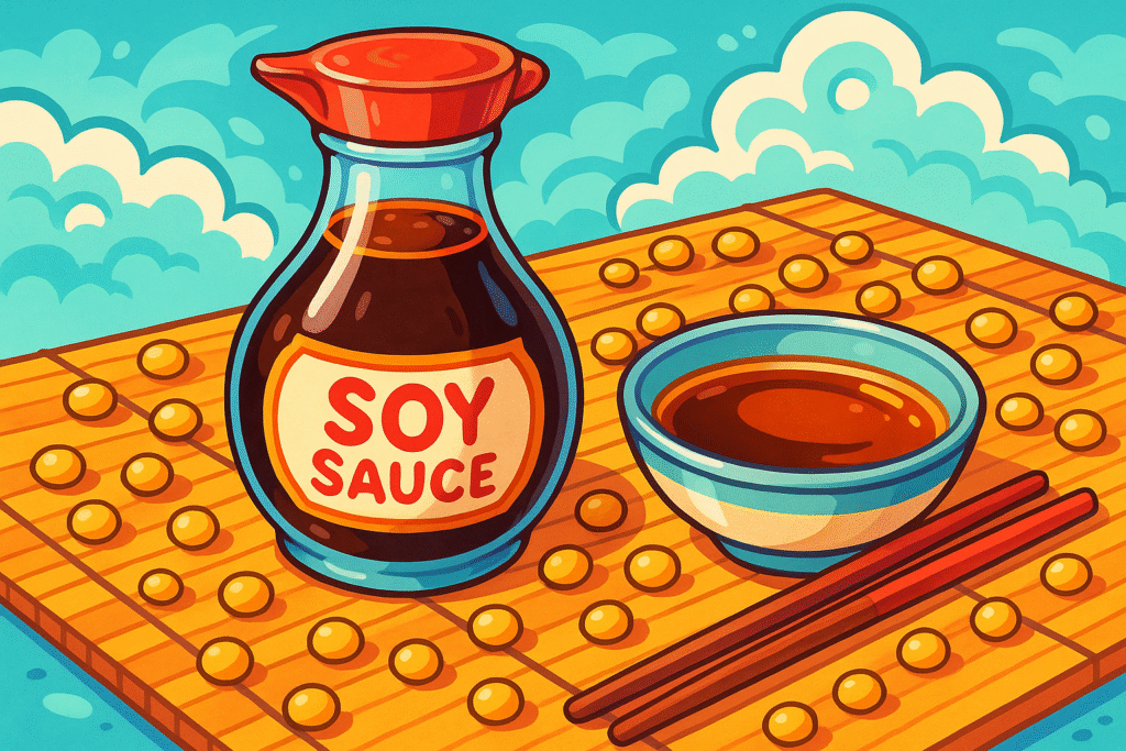 soy sauce on wooden mat with chopsticks cartoon