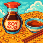 soy sauce on wooden mat with chopsticks cartoon