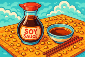 soy sauce on wooden mat with chopsticks cartoon