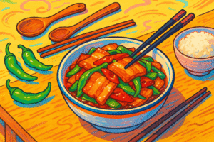 sichuan twice cooked pork in cartoon style